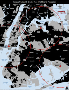 The map above displays New York City census tracts in which the minority population is greater than 50 percent of the general population and this population’s proximity to three major PANYNJ projects. Those census tracts containing a minority population greater than 90 percent are represented by the darkest areas. In the census tracts with a minority population in excess of 90 percent the per capita income in 2014 was $16,477.